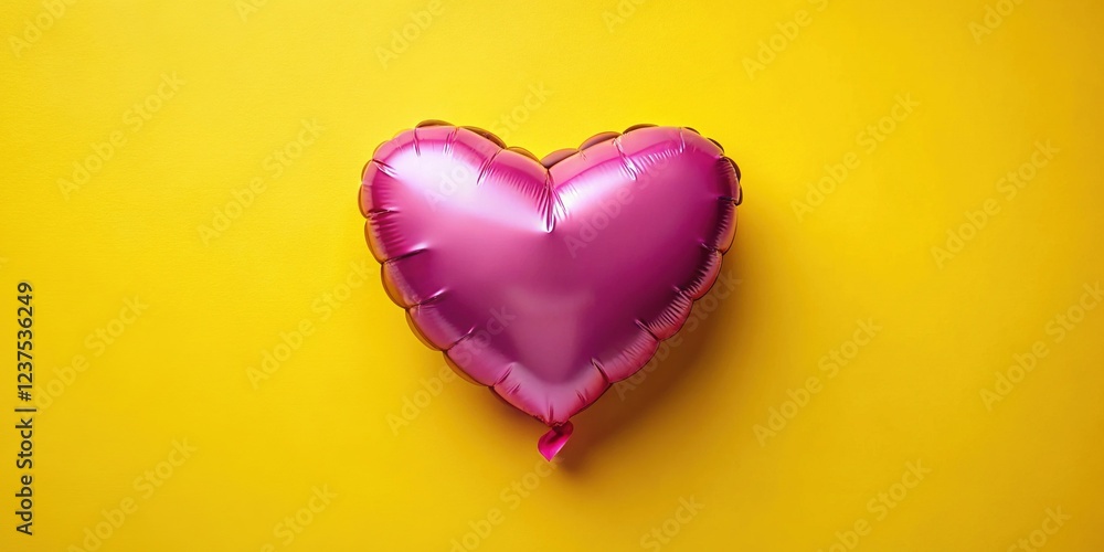 Fototapeta premium Vibrant Flat Lay of a Pink Metallic Heart Balloon on Yellow Background