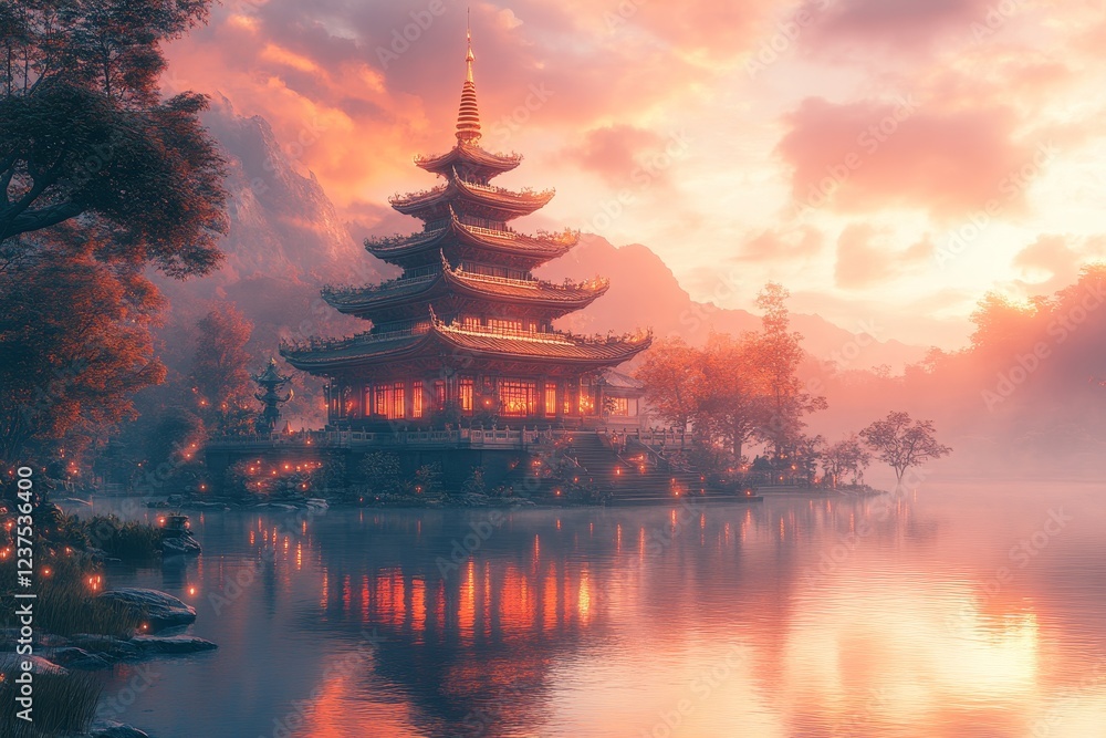 Obraz premium Pagoda sunset lake mountain serenity, travel poster