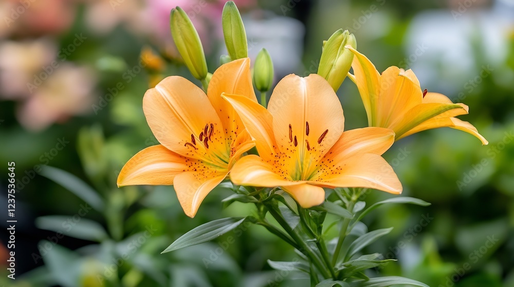 Fototapeta premium Vibrant Orange Lilies in Full Bloom Surrounded by Lush Green Leaves : Generative AI