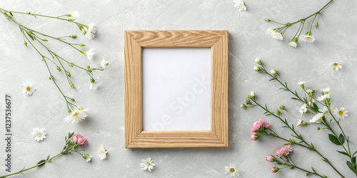 Empty Photo Frame with Flowers on a Light Gray Background