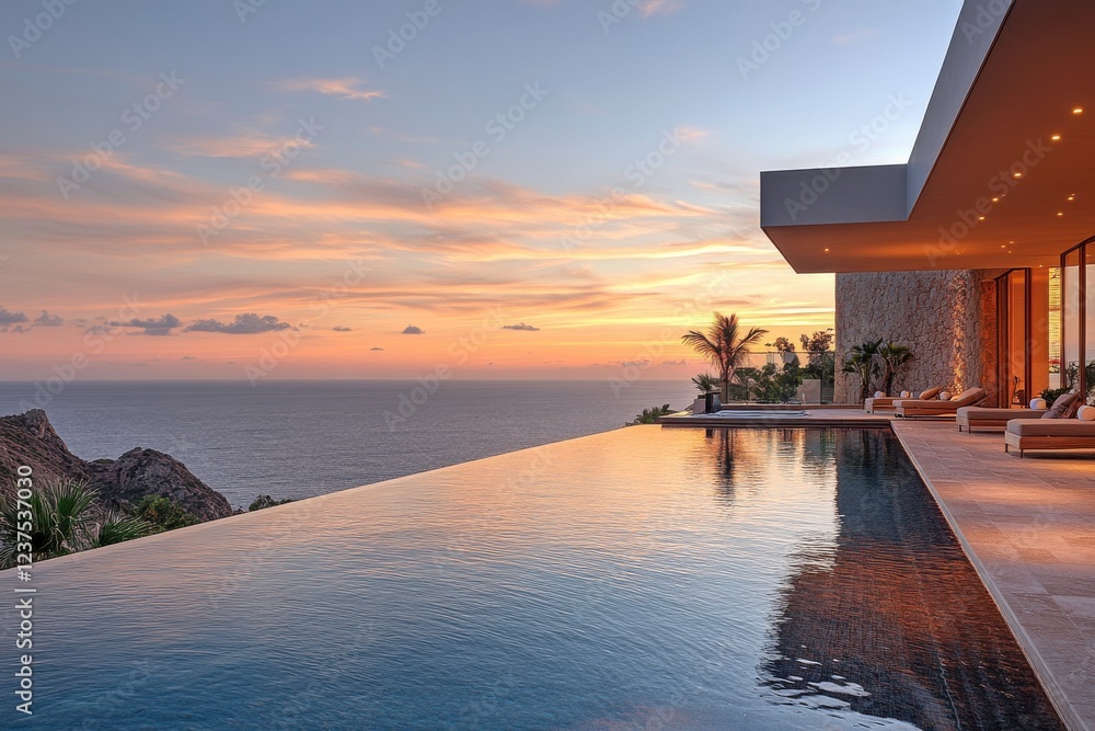A stunning modern villa with an infinity pool overlooking the ocean at sunset, featuring elegant architecture and lush landscaping. A stunning modern villa with an infinity pool overlooking the ocean at sunset, featuring elegant architecture and lush landscaping.