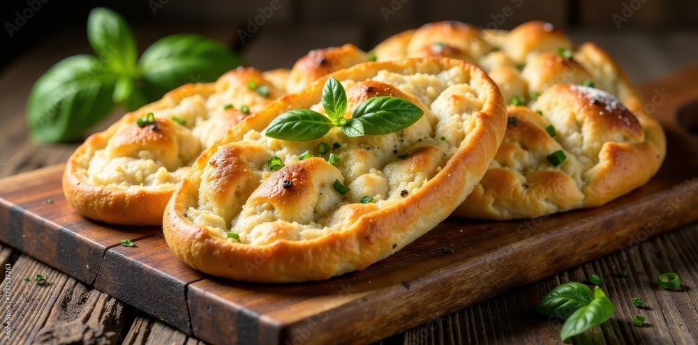 Focaccia bread slices on a rustic wooden table, food, kitchen scene
