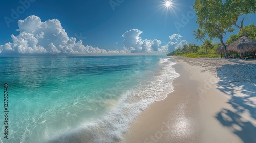 A vibrant and captivating photograph of a pristine Maldivian beach on a sun-drenched day, showcasing the crystal-clear turquoise waters gently lapping against the powdery white sand photo