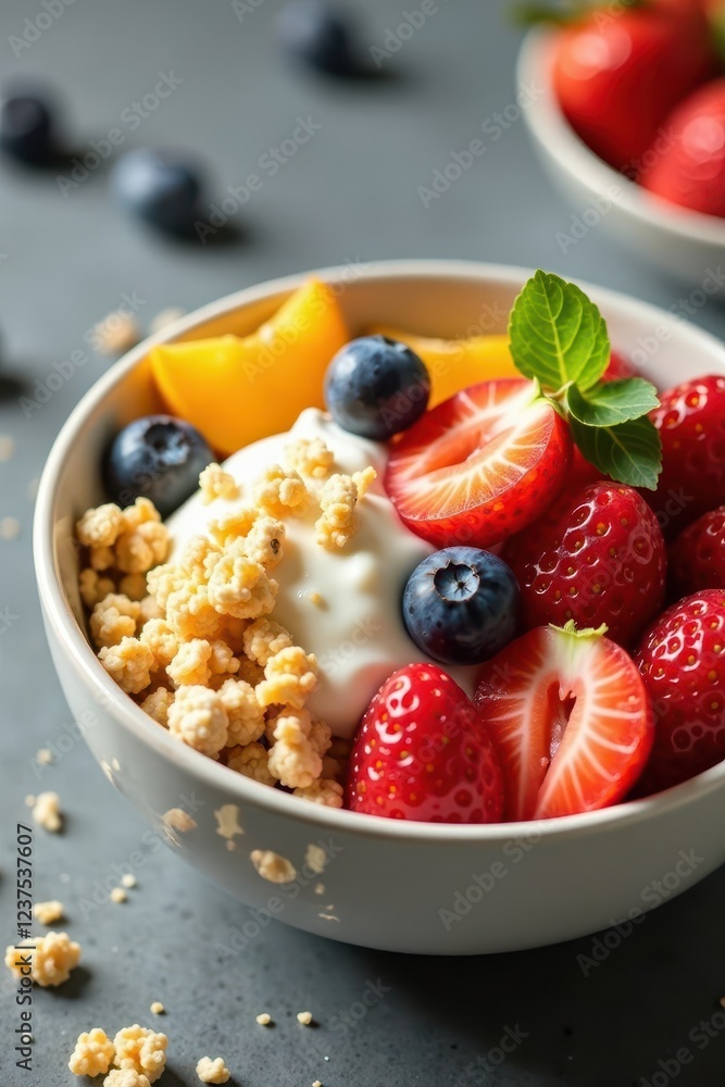 Fresh fruit salad with yogurt and granola in a bowl, fruit salad, snack Fresh fruit salad with yogurt and granola in a bowl, fruit salad, snack