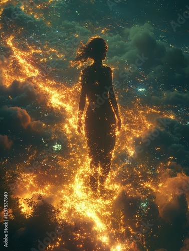 Woman floating above fiery clouds, cityscape below