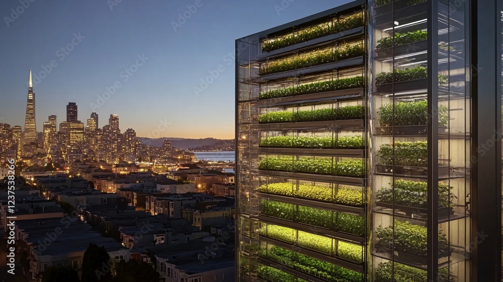 Obraz premium Urban vertical farm at night, San Francisco skyline. Sustainable food production. Generative ai