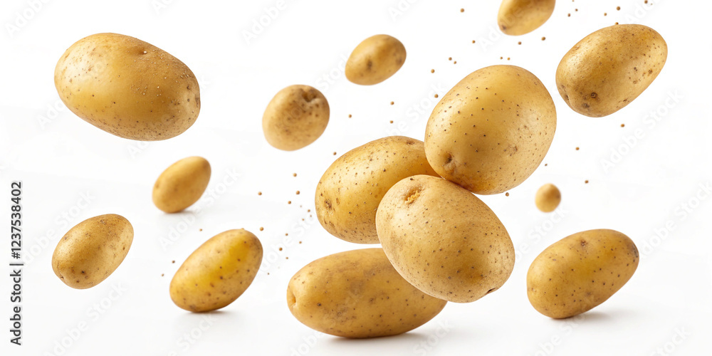 Obraz premium Falling Fresh Potatoes Isolated on a White Background, Highlighting Culinary Versatility