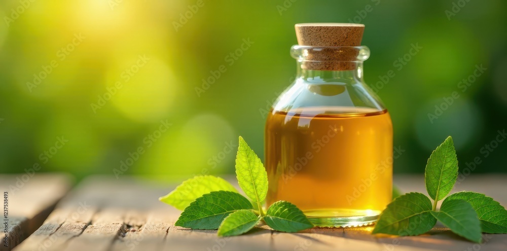 Golden liquid in a glass bottle with a wooden lid and leaves around it , health, wellness Golden liquid in a glass bottle with a wooden lid and leaves around it , health, wellness