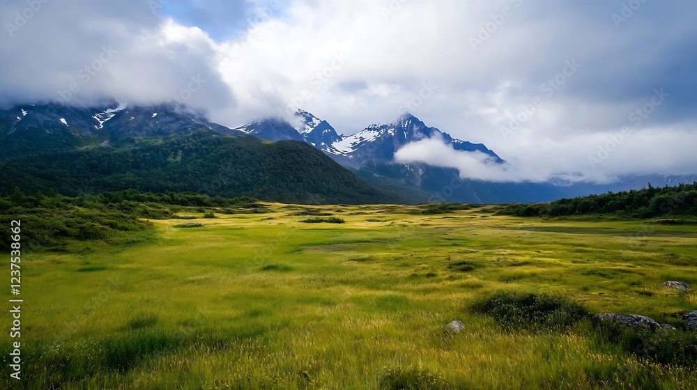 Majestic Mountain Range with Verdant Valley under Cloudy Sky Panorama : Generative AI Majestic Mountain Range with Verdant Valley under Cloudy Sky Panorama : Generative AI