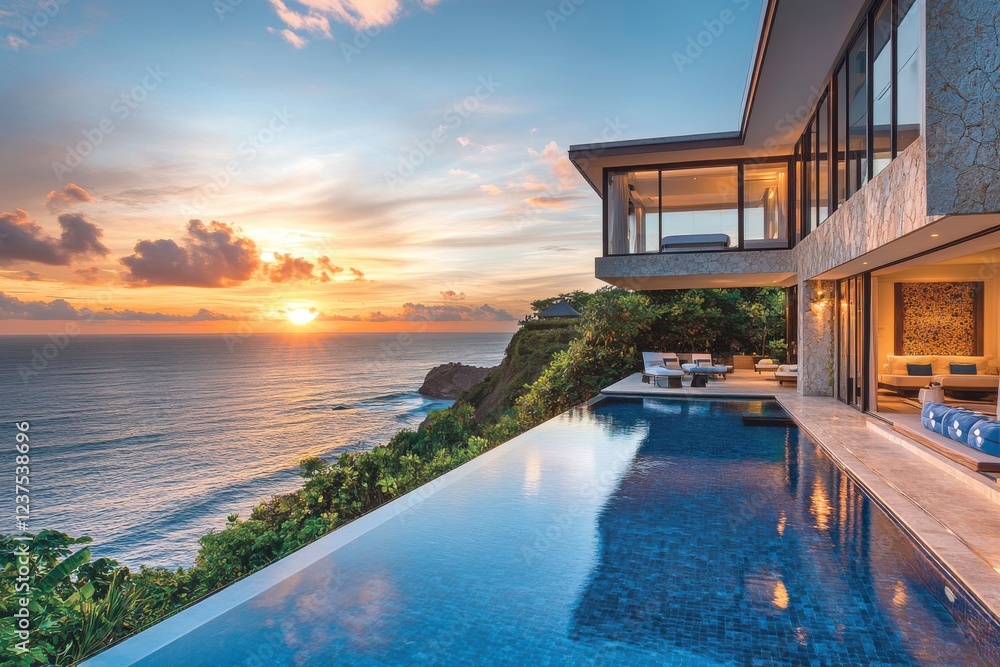Fototapeta premium A stunning oceanfront villa features a sleek design, infinity pool, and breathtaking sunset views, blending luxury with nature.
