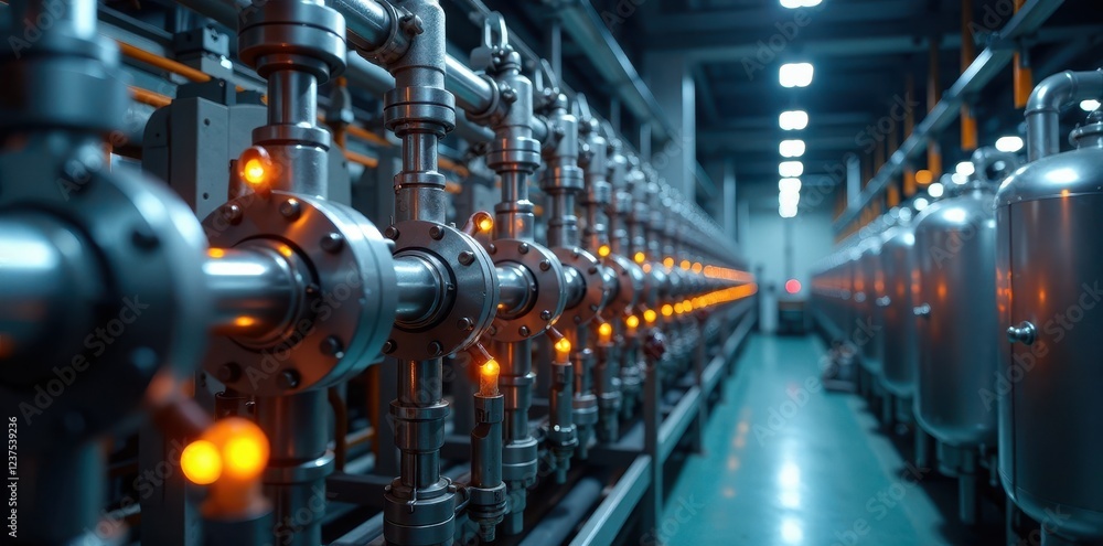 High-tech pasteurization plant with automated valves and heat exchangers, milk processing, food processing High-tech pasteurization plant with automated valves and heat exchangers, milk processing, food processing