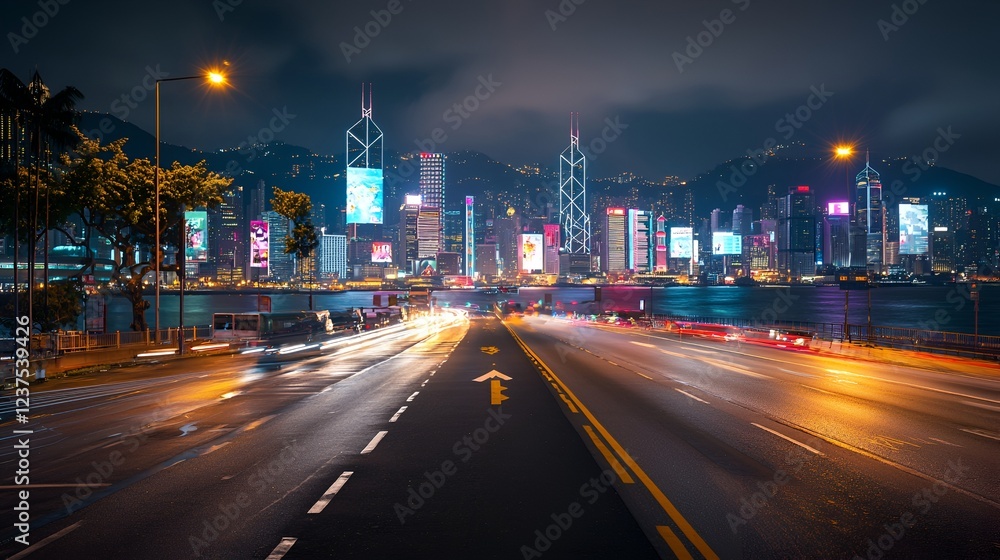 Night cityscape, highway traffic, Hong Kong skyline, illuminated buildings, urban scene