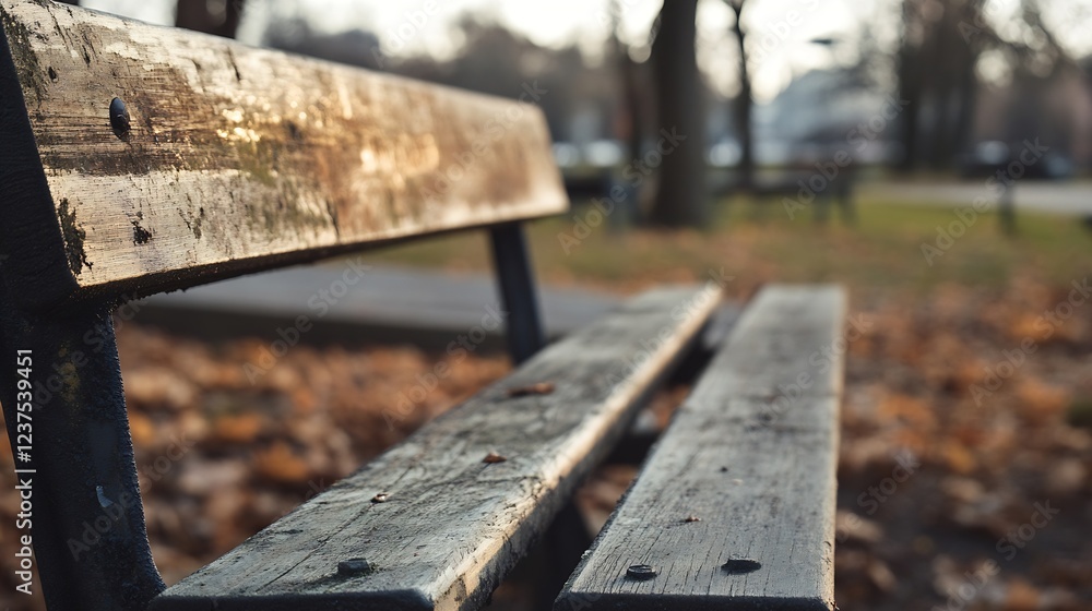 Close Up of Rustic Park Bench with Autumn Leaves in Background : Generative AI Close Up of Rustic Park Bench with Autumn Leaves in Background : Generative AI