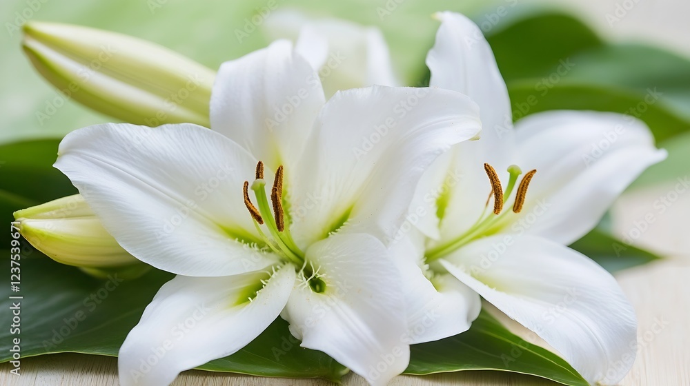 Elegant white lilies resting on vibrant green leaves in serene natural setting : Generative AI Elegant white lilies resting on vibrant green leaves in serene natural setting : Generative AI