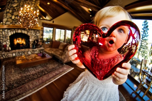 Commercial conceptual art. Sign of love. Ð¡hildren valentine's day greeting card: toddler girl with stunned face holds red heart in hands. Children spreading valentine's joy. photo