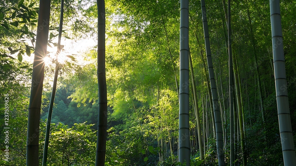 Fototapeta premium Serene Bamboo Forest with Sunlight Filtering Through Lush Green Foliage on a Tranquil Morning : Generative AI
