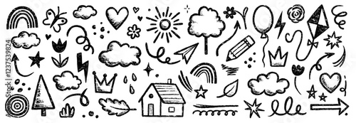 Kid crayon chalk line cloud, flower children sticker set. Hand drawn crayon doodle sketch childish cute element set. Chalk star, heart, flower color cute element background. Vector illustration