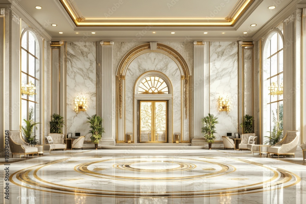 Fototapeta premium A luxurious marble foyer with elegant furnishings, large windows, and decorative plants, featuring intricate patterns on the floor and golden accents.
