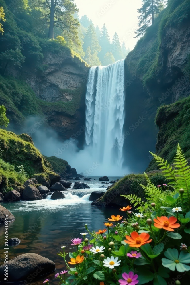 Naklejka premium Misty veil rises from falls amidst ferns and wildflowers, misty, waterfall