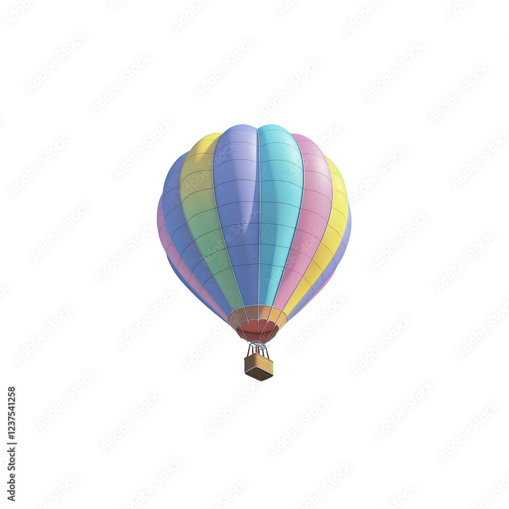 Fototapeta premium A colorful hot air balloon with a vibrant pattern, featuring shades of blue, green, yellow, and pink, suspended in air.