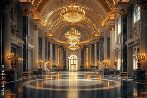 Wallpaper Mural A grand, luxurious hall featuring ornate chandeliers, tall columns, and a polished floor, exuding elegance and sophistication. Torontodigital.ca