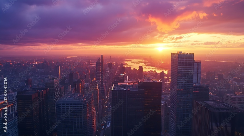 Obraz premium Breathtaking Urban Skyline at Dusk with Dramatic Sunsets and Illuminated Skyscrapers : Generative AI