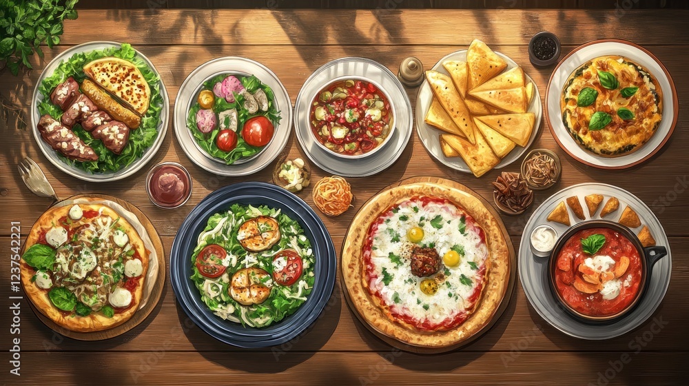 Delicious food assortment on wooden table, sunlight, overhead shot, menu design Delicious food assortment on wooden table, sunlight, overhead shot, menu design