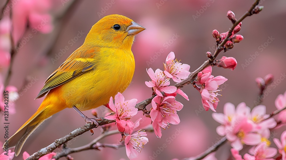 Yellow bird perched on pink blossom branch, spring garden background, nature photography Yellow bird perched on pink blossom branch, spring garden background, nature photography