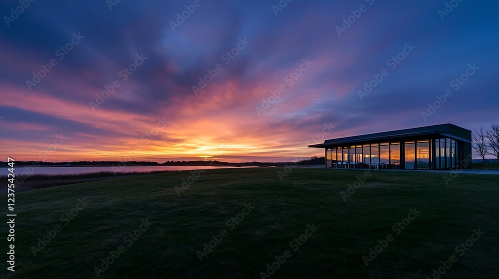 Obraz premium Modern Glass House with Panoramic Sunset View Over Tranquil Lake and Expansive Sky : Generative AI
