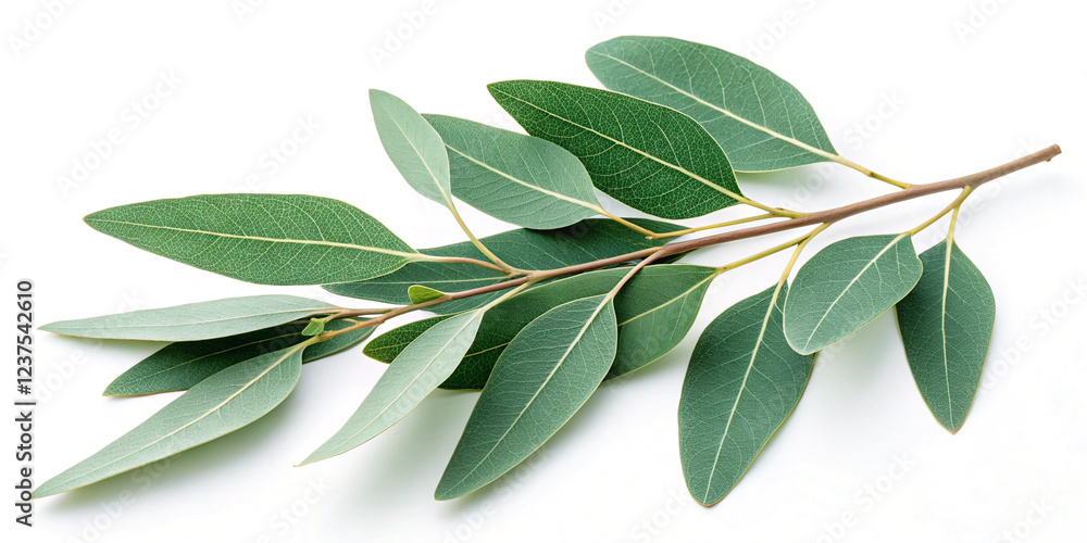 A Single Fresh Eucalyptus Sprig Isolated for Aromatic and Decorative Purposes A Single Fresh Eucalyptus Sprig Isolated for Aromatic and Decorative Purposes