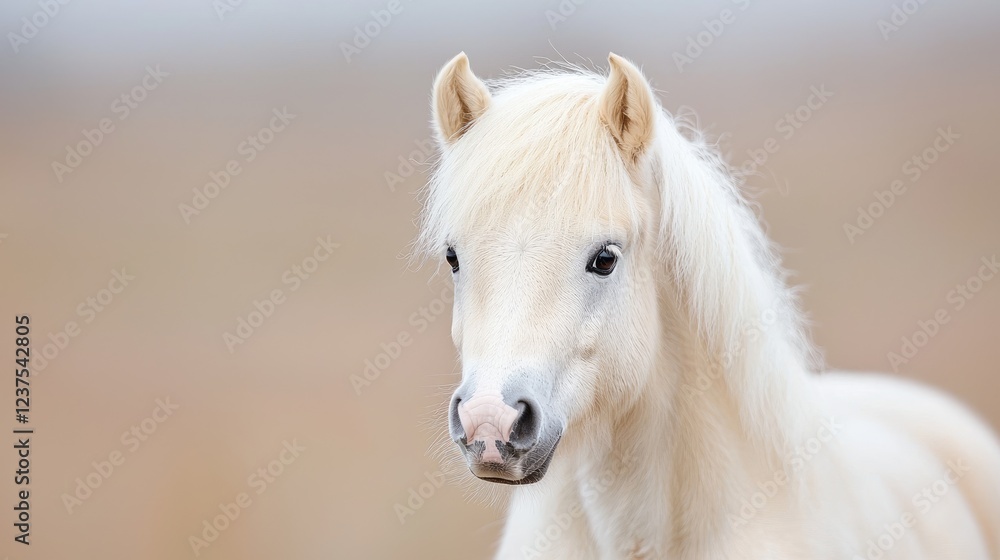 Fototapeta premium Palomino pony portrait, autumn field background, equine beauty, stock photo