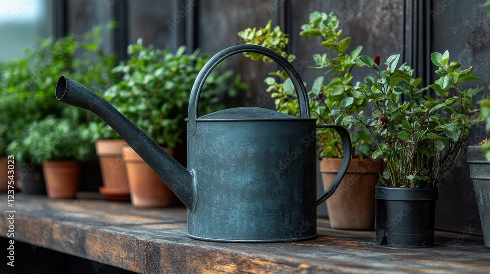 A stylish 10-liter watering can made from lightweight metal with a matte finish. A stylish 10-liter watering can made from lightweight metal with a matte finish.