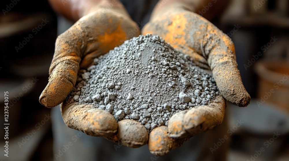 Hands holding gray powder, pottery workshop background, industrial process