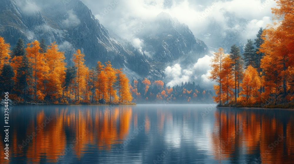 Obraz premium Professional realistic photo of a picturesque mountain lake surrounded by vibrant autumn foliage,