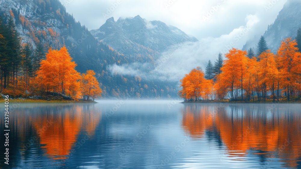 Fototapeta premium Professional realistic photo of a picturesque mountain lake surrounded by vibrant autumn foliage, with flawless reflections and a soft mist rising from the surface 