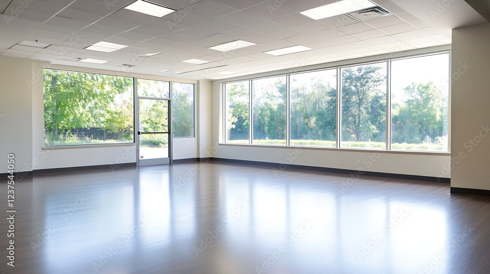 Fototapeta premium Spacious Bright Room With FloortoCeiling Windows Overlooking a Green Landscape : Generative AI