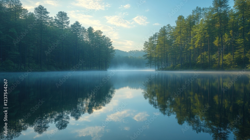 Professional realistic photo of an idyllic lakeside view with tall pine trees mirrored perfectly on still water, under soft morning ligh Professional realistic photo of an idyllic lakeside view with tall pine trees mirrored perfectly on still water, under soft morning ligh