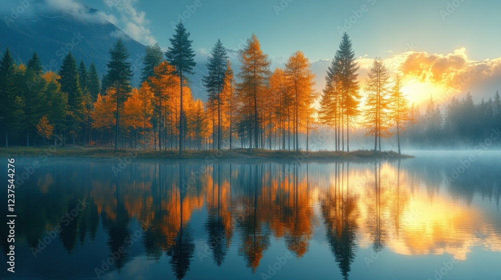 Obraz premium Professional realistic photo of an idyllic lakeside view with tall pine trees mirrored perfectly on still water, under soft morning ligh