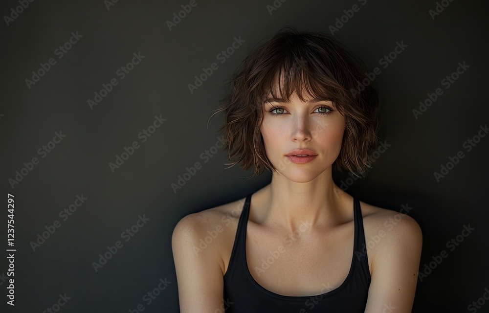 Studio photo of a beautiful woman with short hair, wearing a black tank top, looking at the camera Studio photo of a beautiful woman with short hair, wearing a black tank top, looking at the camera