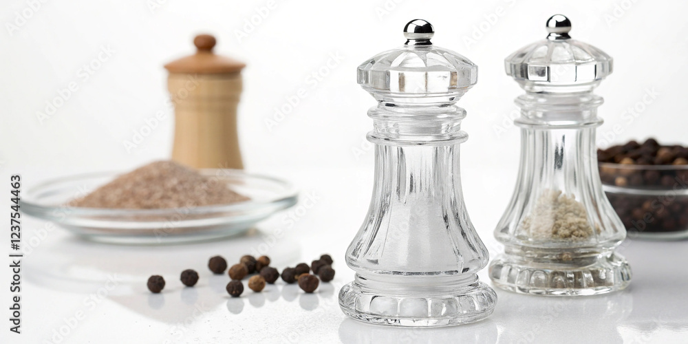 A Glass Salt and Pepper Shaker Isolated on a White Background for Culinary Use A Glass Salt and Pepper Shaker Isolated on a White Background for Culinary Use