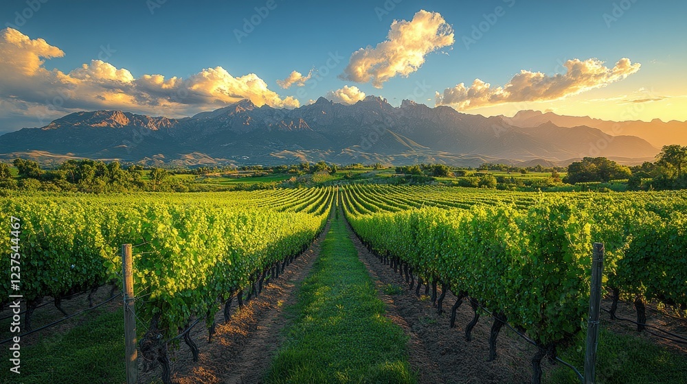 Naklejka premium Vineyard sunset, mountain backdrop, idyllic landscape, wine tourism