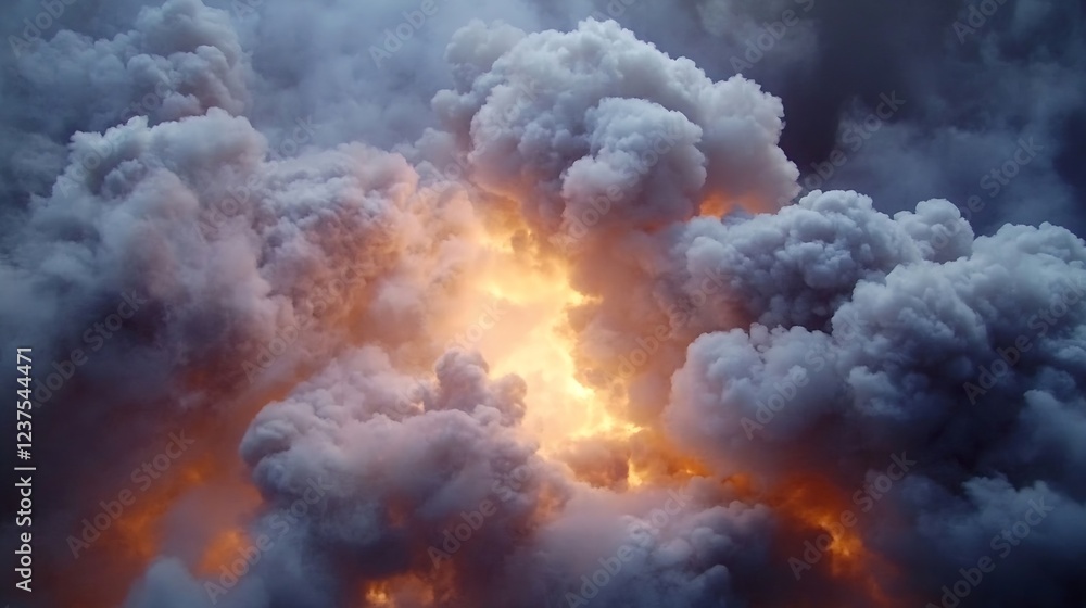 Fiery Explosion and Pluming Smoke Clouds Creating Intense and Dramatic Sky Scene : Generative AI