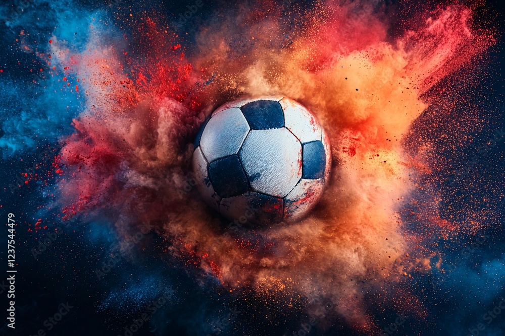 Fototapeta premium Soccer ball explosion, vibrant colors, action shot, sports background
