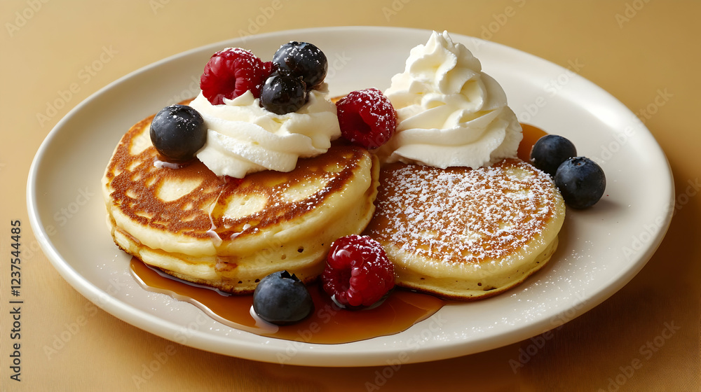 A plate of fluffy pancakes topped with berries, whipped cream, and syrup. A plate of fluffy pancakes topped with berries, whipped cream, and syrup.