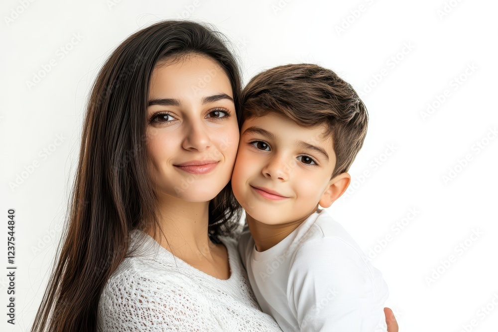 Mother and son alone against a white backdrop Mother and son alone against a white backdrop