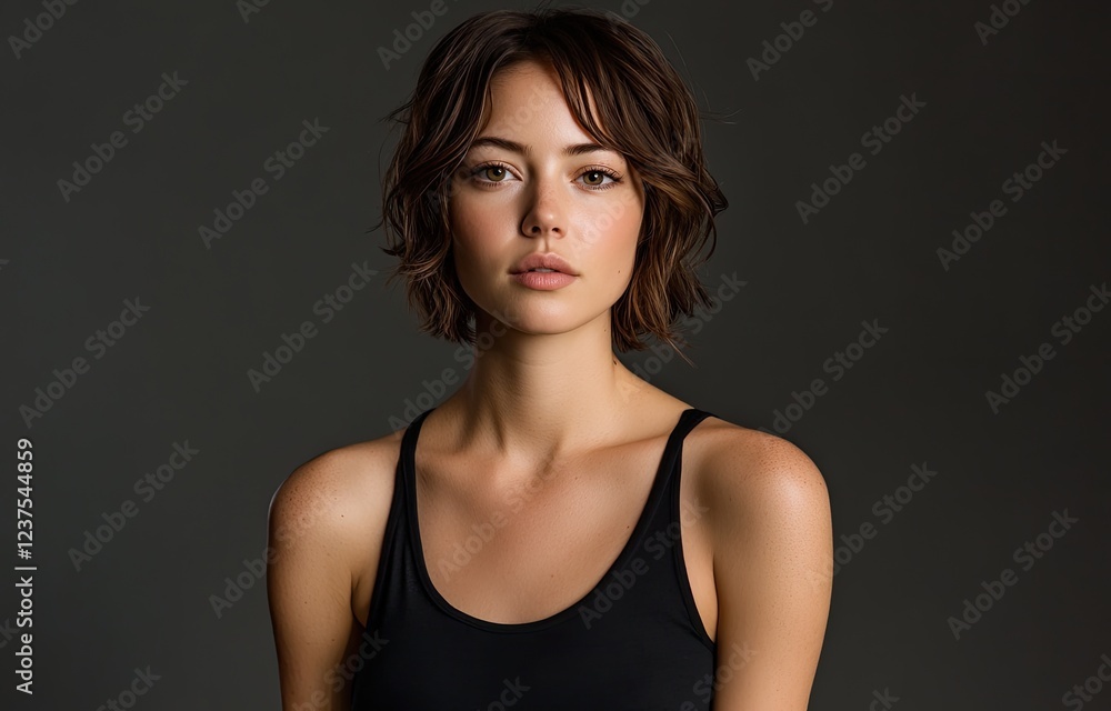 the most beautiful woman in her early thirties with short hair, posing for an editorial photoshoot wearing black on a gray background. the most beautiful woman in her early thirties with short hair, posing for an editorial photoshoot wearing black on a gray background.