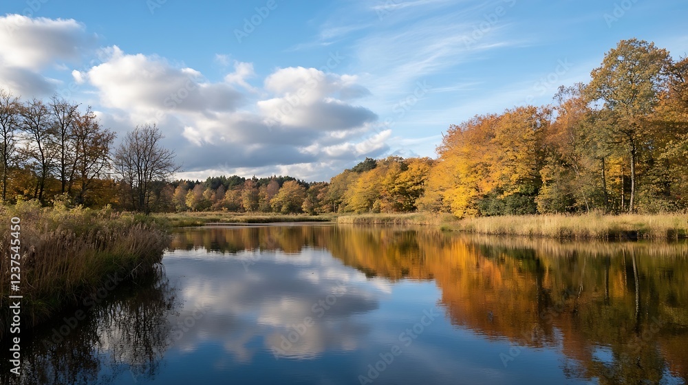 Reflection of vibrant autumn foliage on calm lake surface with blue skies : Generative AI Reflection of vibrant autumn foliage on calm lake surface with blue skies : Generative AI