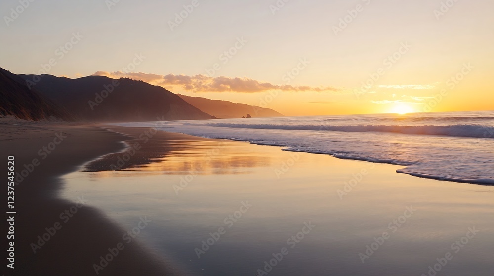 Fototapeta premium Stunning Golden Sunset Reflections on Tranquil Sea Waves at a Serene Beach : Generative AI