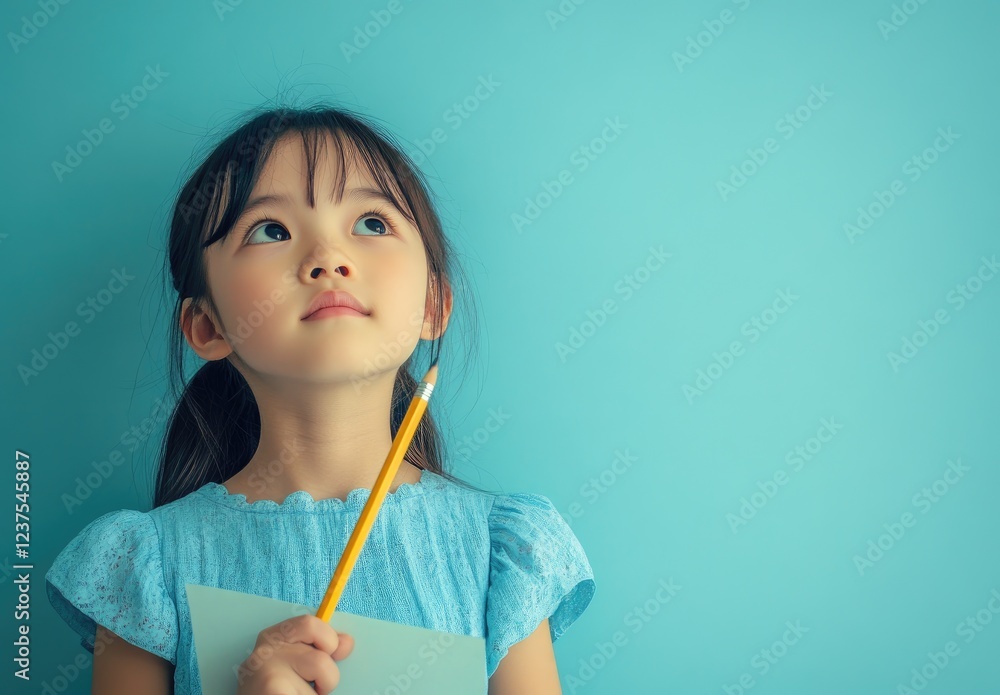 A cute Asian girl holds a pencil and paper, looking up as if deep in thought A cute Asian girl holds a pencil and paper, looking up as if deep in thought