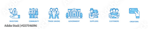 Stakeholder icon set flow process which consists of community, trade unions, suppliers, and customers icon live stroke and easy to edit .